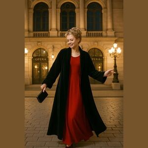 90s JS COLLECTIONS COTTON BLACK VELVET MIDI OPERA COAT FORMAL EVENING LUXURY M